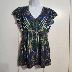 Small One World Multicolor Floral Rhinestone Boho Hippie Casual Short Sleeve Top